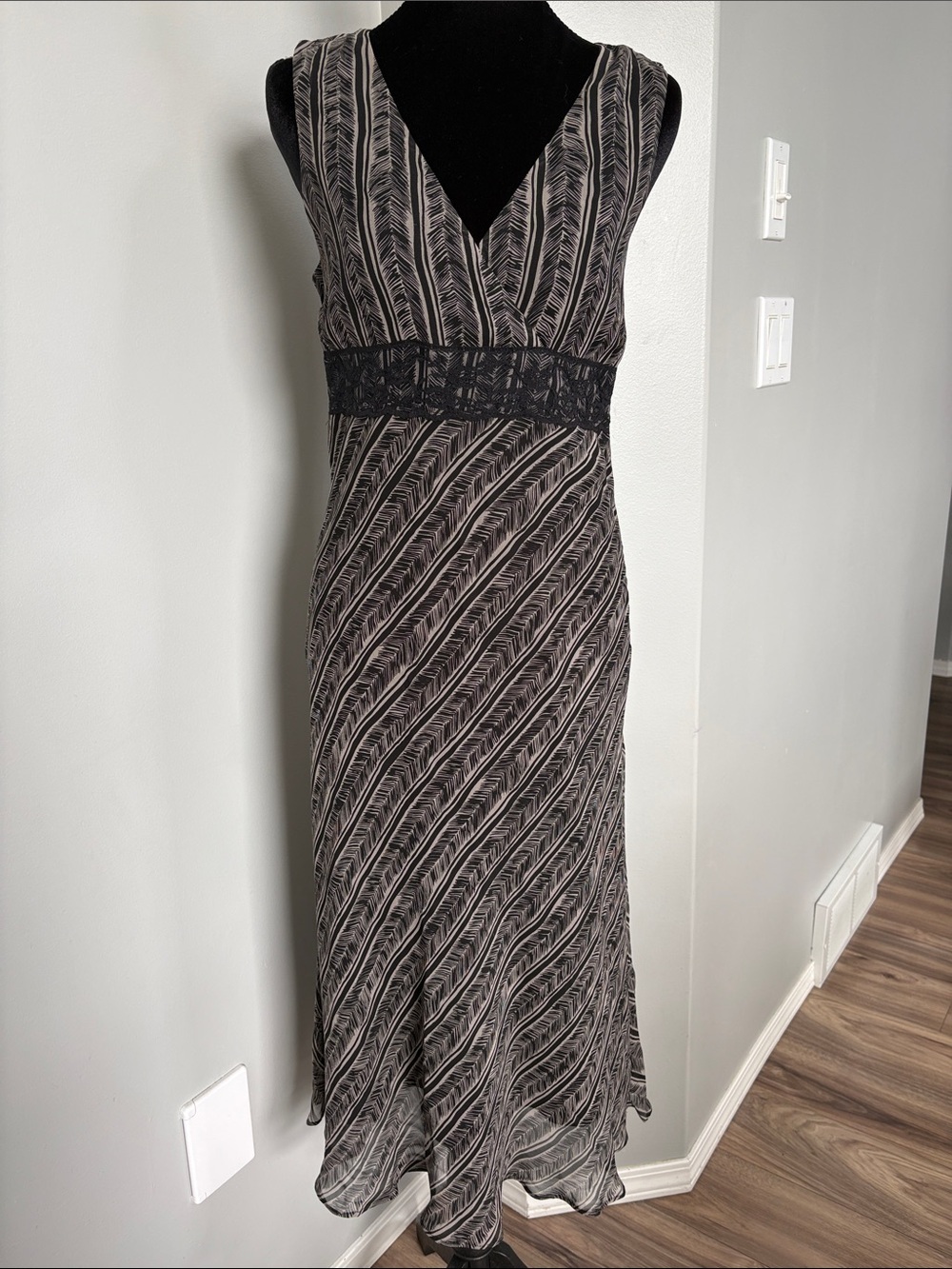 Jacob 100% Silk Black and Taupe Sleeveless V-Neck Maxi Dress with Lace Waistband
